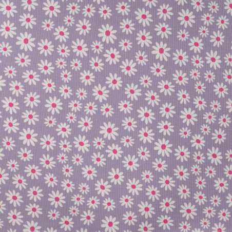 Tissu jersey mini côtelé 2mm marguerites fond lilas