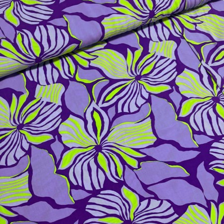 Tissu viscose EcoVero fleurs stripe bleu lavande