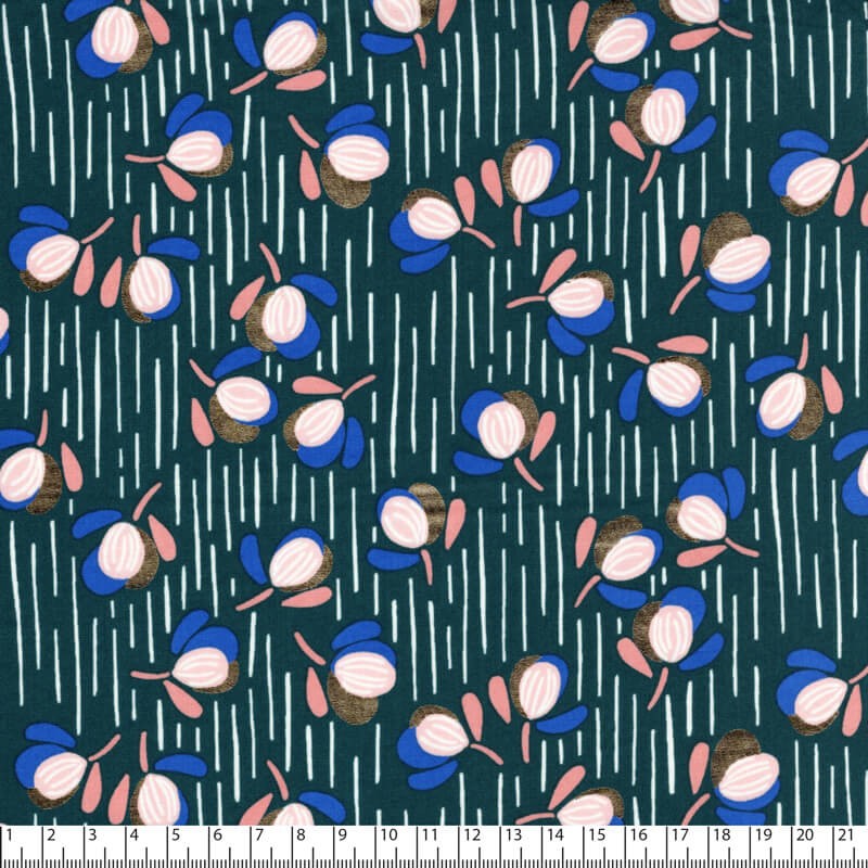 Tissu viscose fleurs bubble fond bleu canard Tissu viscose fleurs bubble fond bleu canard
