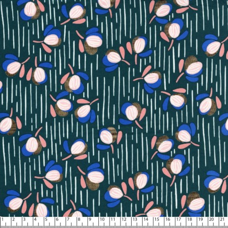 Tissu viscose fleurs bubble fond bleu canard