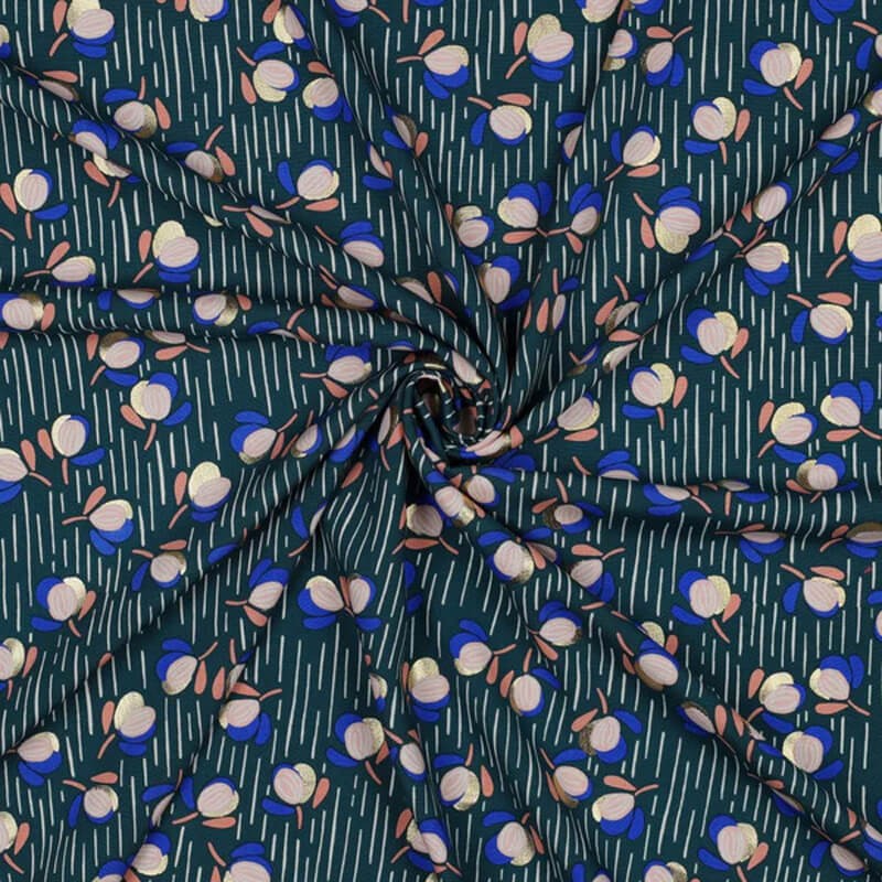 Tissu viscose fleurs bubble fond bleu canard Tissu viscose fleurs bubble fond bleu canard