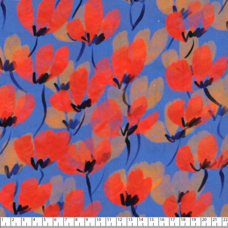 Tissu viscose tulipes fond bleu 