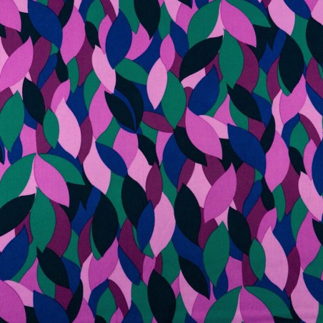 Tissu viscose twill feuillage fond cyclamen