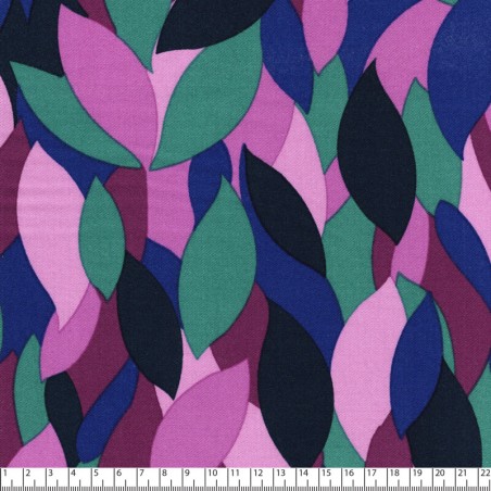 Tissu viscose twill feuillage fond cyclamen