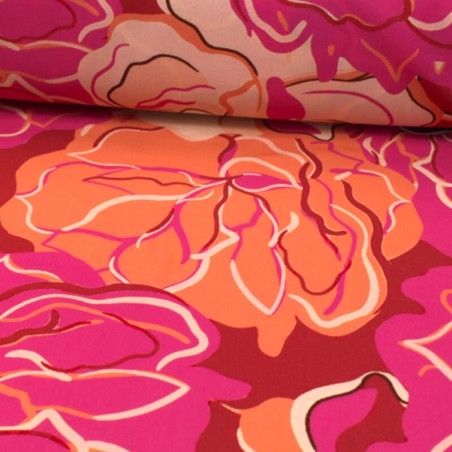 Tissu viscose popeline roses rouge, fuchsia et abricot