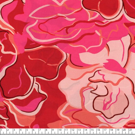 Tissu viscose popeline roses rouge, fuchsia et abricot
