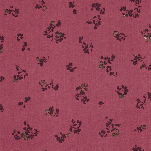 Tissu viscose bouquet de fleurs glitter fond framboise