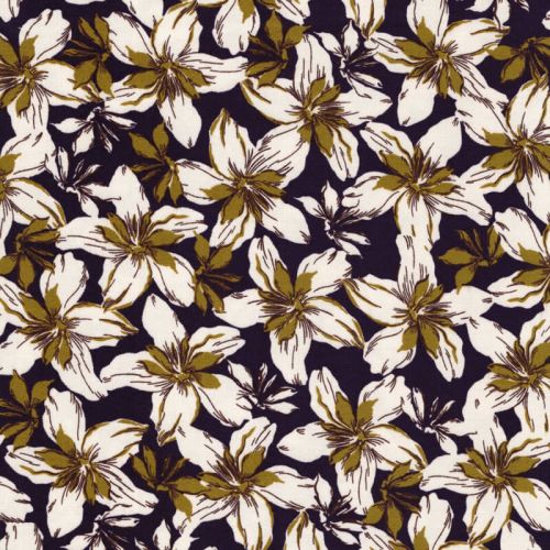Tissu twill viscose stretch fleurs moutarde fond prune foncé