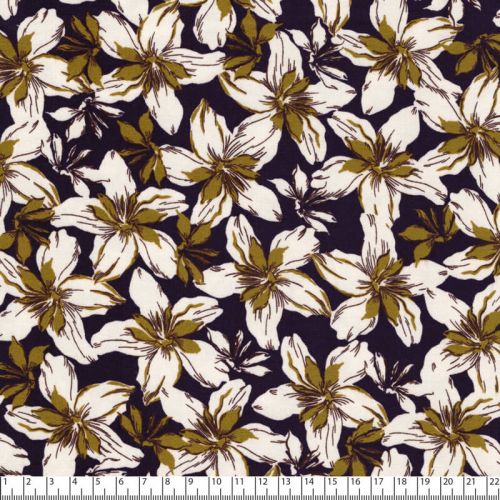 Tissu twill viscose stretch fleurs moutarde fond prune foncé