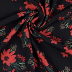 Tissu viscose fleurs rouges fond noir