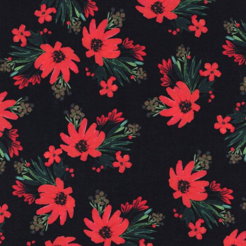 Tissu viscose fleurs rouges fond noir