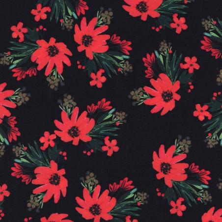 Tissu viscose fleurs rouges fond noir