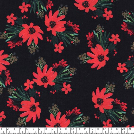 Tissu viscose fleurs rouges fond noir