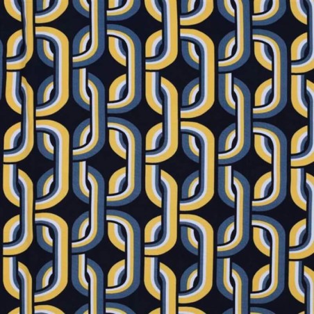 Tissu viscose graphique 70's fond bleu marine