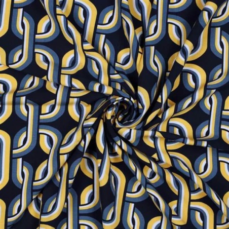 Tissu viscose graphique 70's fond bleu marine
