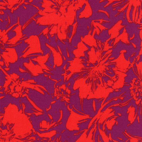 Tissu twill viscose stretch dahlias tangerine/violet 