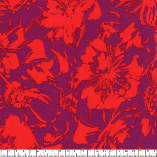 Tissu twill viscose stretch dahlias tangerine/violet 