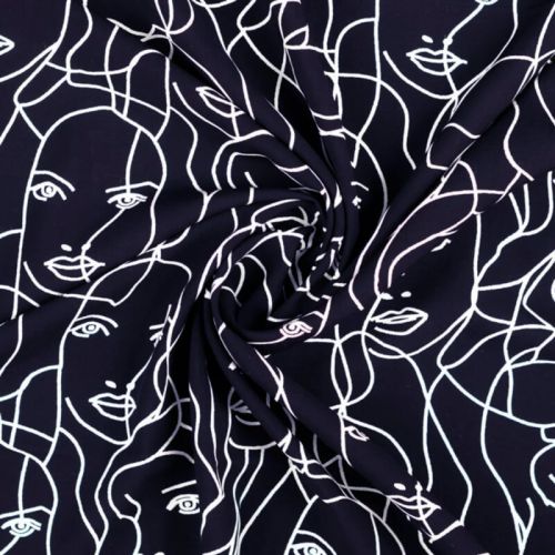 Tissu popeline viscose visages fond marine 