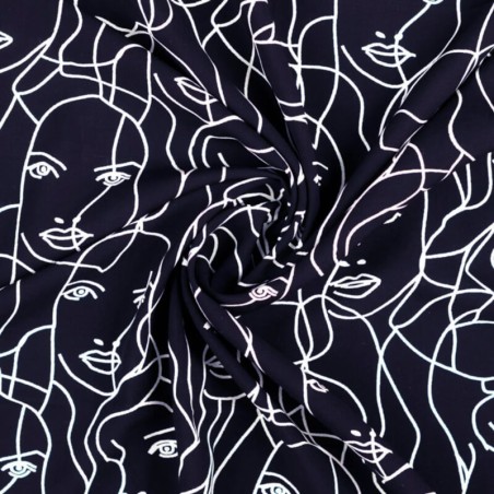 Tissu popeline viscose visages fond marine 