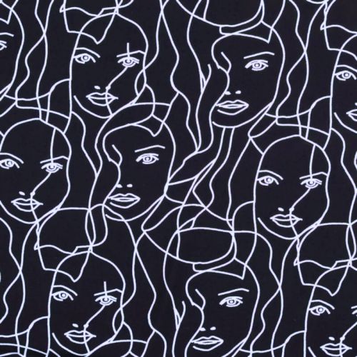 Tissu popeline viscose visages fond marine 