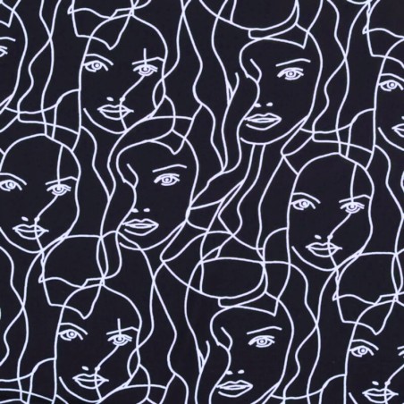 Tissu popeline viscose visages fond marine 