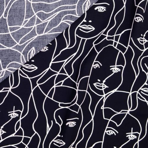 Tissu popeline viscose visages fond marine 