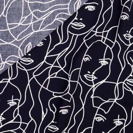 Tissu popeline viscose visages fond marine 
