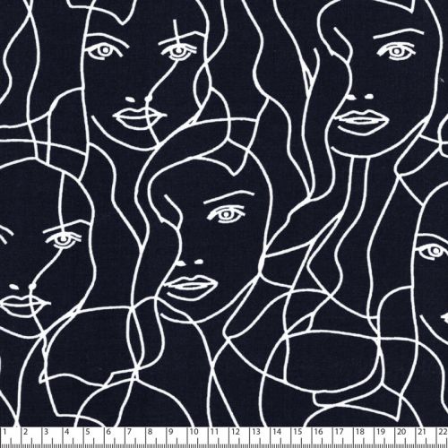Tissu popeline viscose visages fond marine 