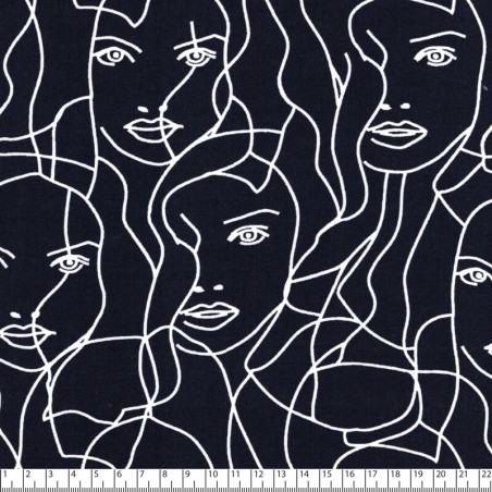 Tissu popeline viscose visages fond marine 