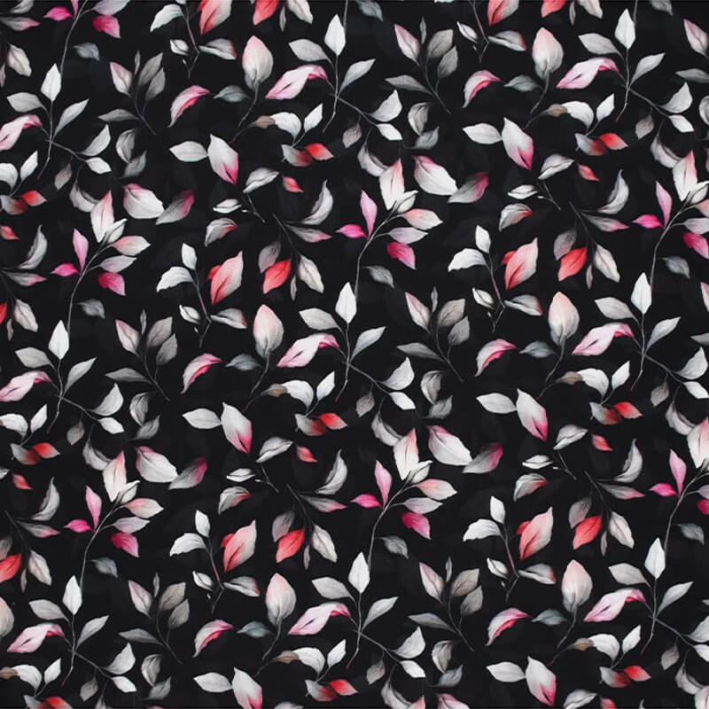Tissu viscose stretch feuilles fond noir Tissu viscose stretch feuilles fond noir