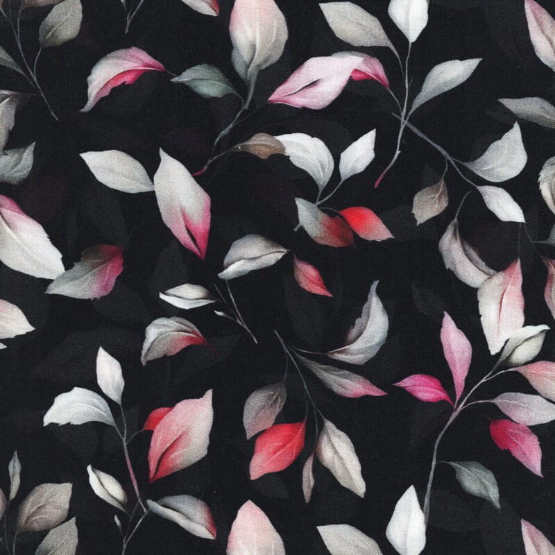 Tissu viscose stretch feuilles fond noir Tissu viscose stretch feuilles fond noir
