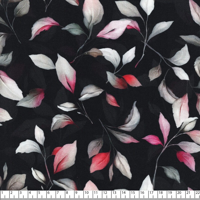 Tissu viscose stretch feuilles fond noir Tissu viscose stretch feuilles fond noir