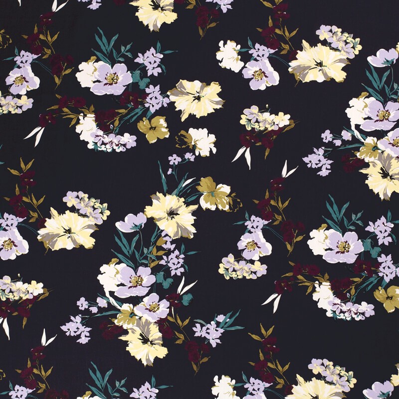 Tissu popeline de viscose fleurs fond bleu marine Tissu popeline de viscose fleurs fond bleu marine