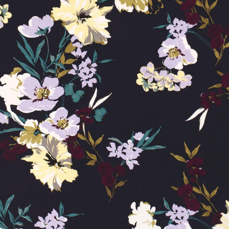 Tissu popeline de viscose fleurs fond bleu marine Tissu popeline de viscose fleurs fond bleu marine