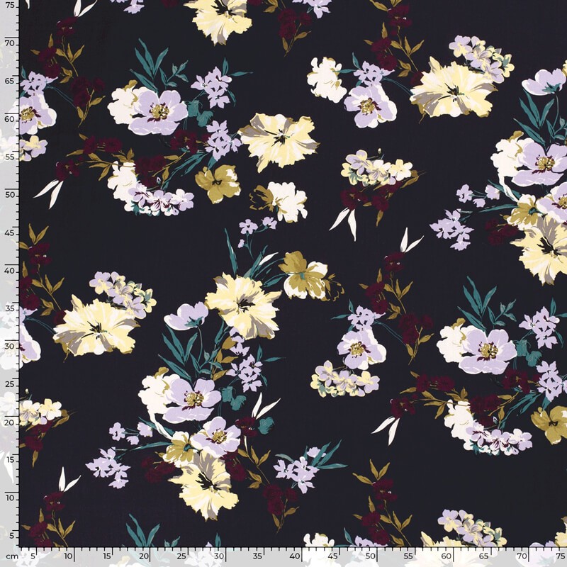 Tissu popeline de viscose fleurs fond bleu marine Tissu popeline de viscose fleurs fond bleu marine