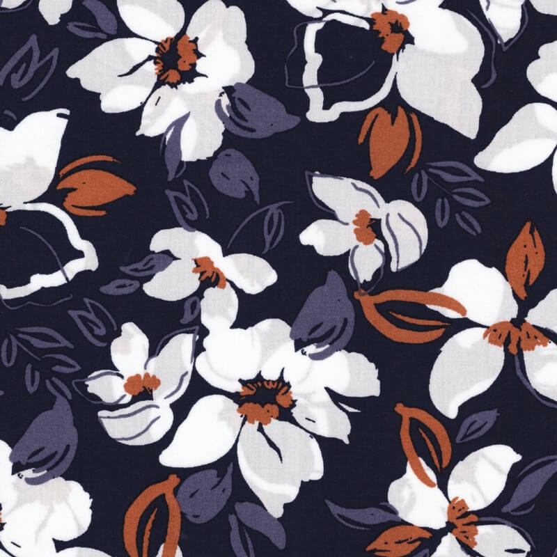 Tissu viscose grosses fleurs bleu marine Tissu viscose grosses fleurs bleu marine