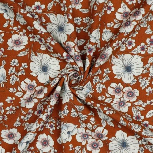 Tissu viscose fleurs rétro fond caramel