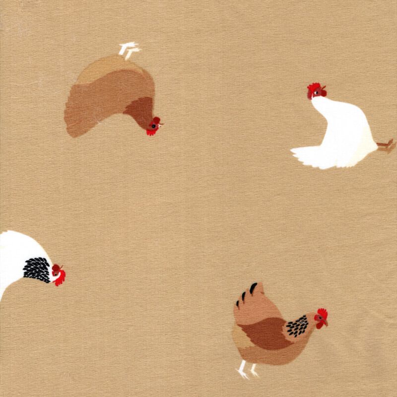 Tissu French Terry poules fond sable Tissu French Terry poules fond sable