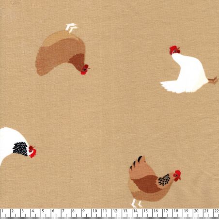 Tissu French Terry poules fond sable