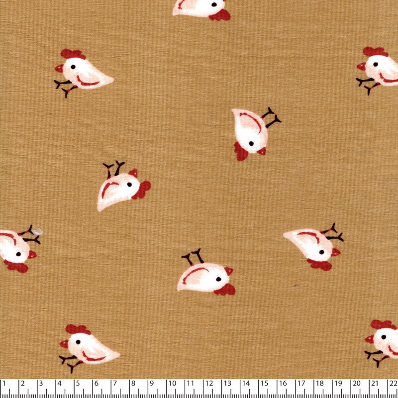 Tissu jersey poules fond sable Tissu jersey poules fond sable