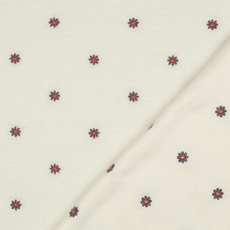 Tissu bouclette brodé fleurs fond écru 100% pol, larg 145 cm Tissu bouclette brodé fleurs fond écru 100% pol, larg 145 cm