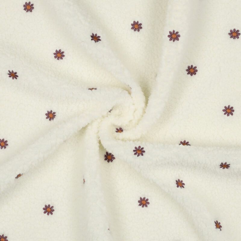 Tissu bouclette brodé fleurs fond écru 100% pol, larg 145 cm Tissu bouclette brodé fleurs fond écru 100% pol, larg 145 cm