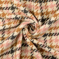 Tissu lainage manteau pied de pourle rose/gris/fauve fond écru