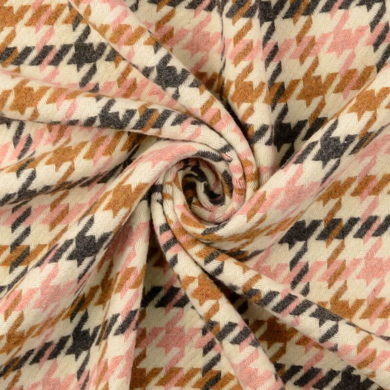 Tissu lainage manteau pied de pourle rose/gris/fauve fond écru Tissu lainage manteau pied de pourle rose/gris/fauve fond écru
