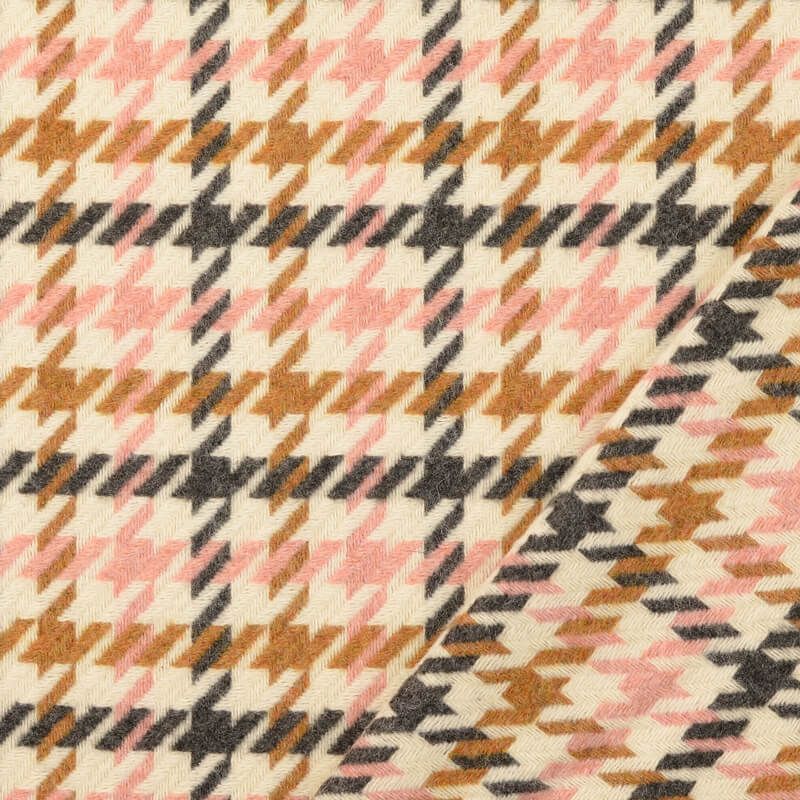 Tissu lainage manteau pied de pourle rose/gris/fauve fond écru Tissu lainage manteau pied de pourle rose/gris/fauve fond écru