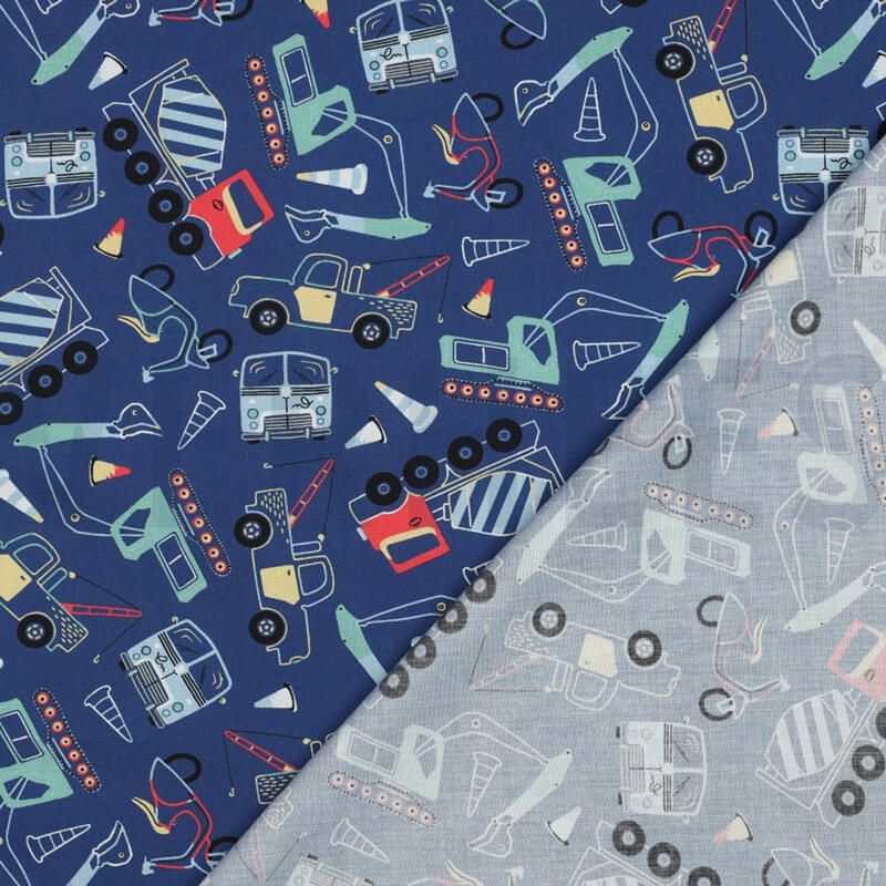 Tissu popeline camions fond bleu  Tissu popeline camions fond bleu