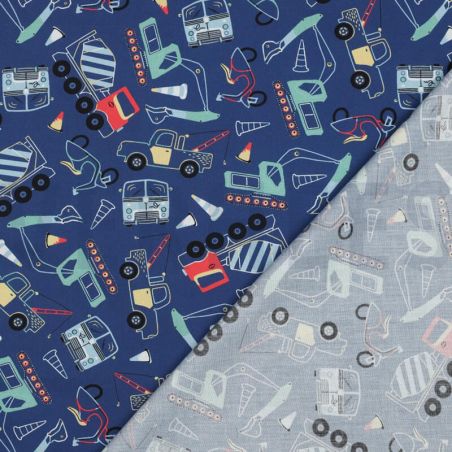Tissu popeline camions fond bleu  Tissu popeline camions fond bleu