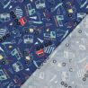 Tissu popeline camions fond bleu  Tissu popeline camions fond bleu