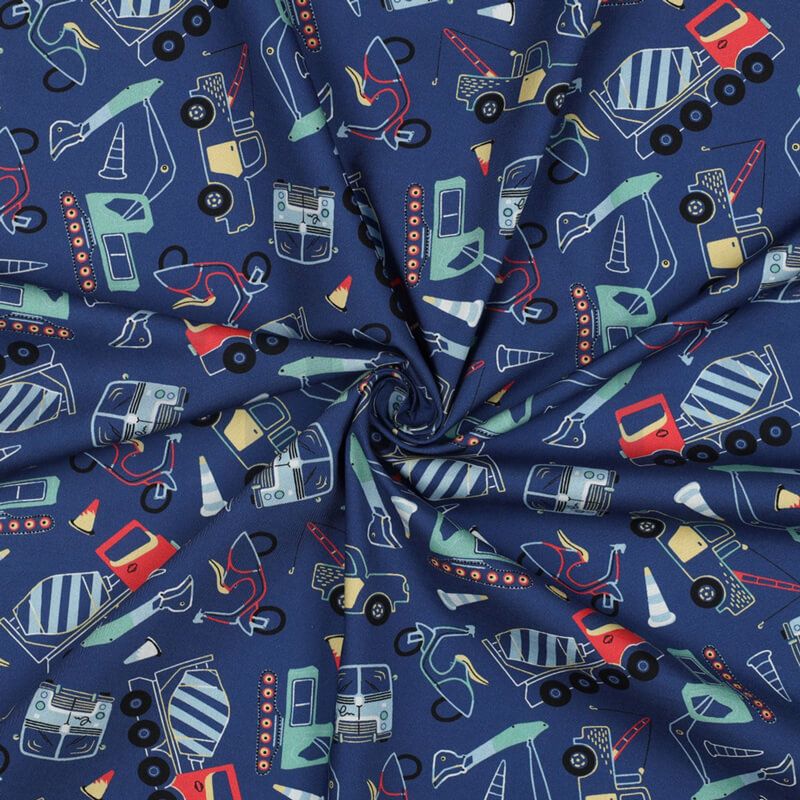 Tissu popeline camions fond bleu  Tissu popeline camions fond bleu