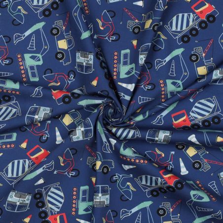 Tissu popeline camions fond bleu  Tissu popeline camions fond bleu
